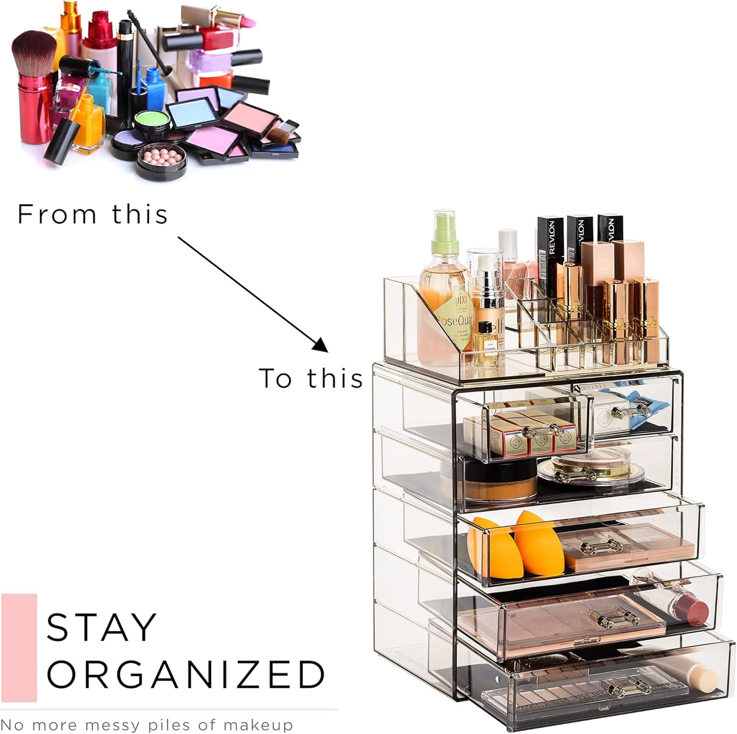 Acrylic Makeup Organizer Set, 6-Drawer Vanity & Countertop Cosmetic Storage with Small & Wide Compartments, Black-Tint Makeup Storage for Brushes, Jewelry – Holiday Gift for Women & Teens
