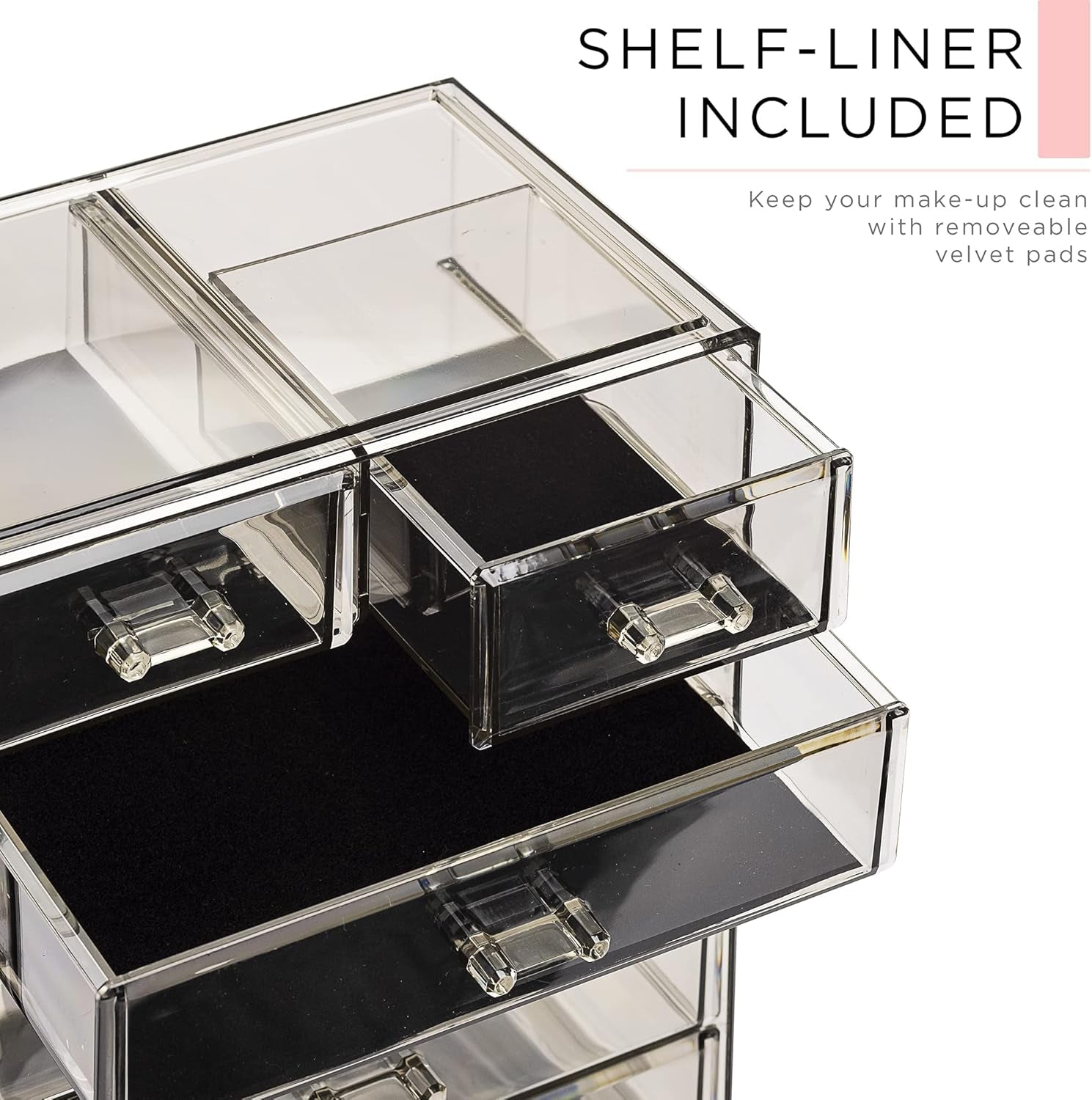 Acrylic Makeup Organizer Set, 6-Drawer Vanity & Countertop Cosmetic Storage with Small & Wide Compartments, Black-Tint Makeup Storage for Brushes, Jewelry – Holiday Gift for Women & Teens