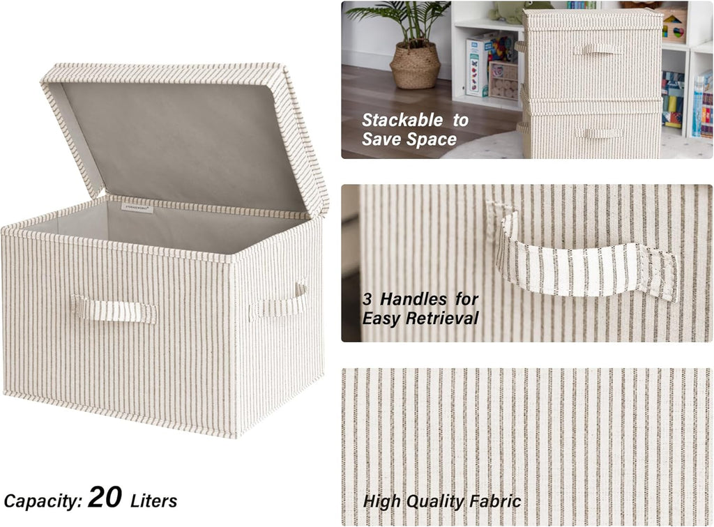 Fabric Storage Bins with Lid, Decorative Storage Boxes for Shelves, Stackable Closet Organizer Basket with Handles, Large, Khaki and Beige Stripes, 2-Pack