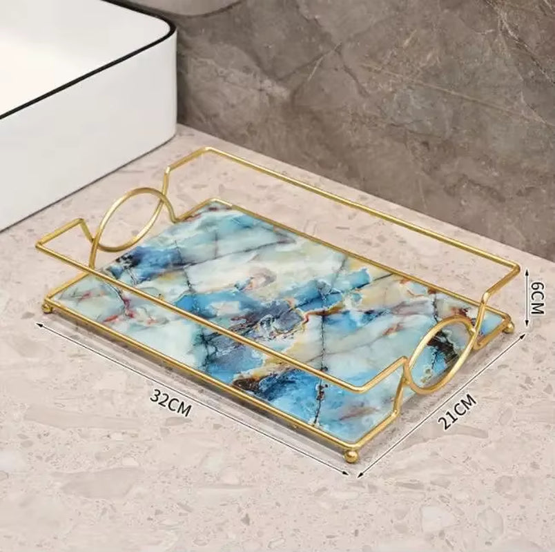 Luxury Gold Plated Rectangular Bathroom Tray Cosmetics Storage Rack Living Room Decor Desktop Sundries Food Storage Serving Tray