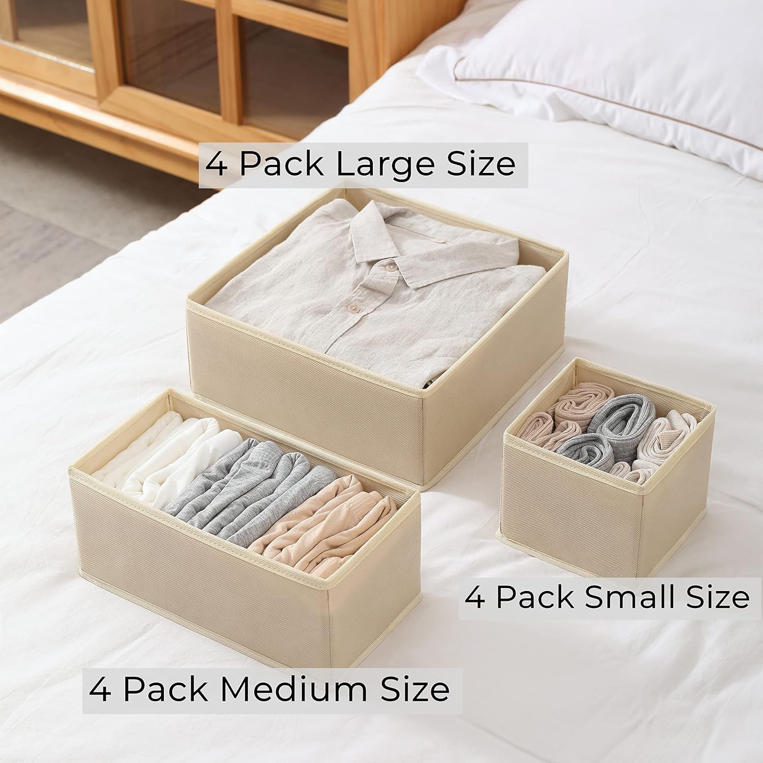 12 Pack Drawer Organizer Clothes, Foldable Fabric Dresser Organizer Closet Organizers and Storage Box for Underwear,Folded Clothes,Baby Clothing,Socks,Bra,Towels,Ties(12 Pack,Beige)