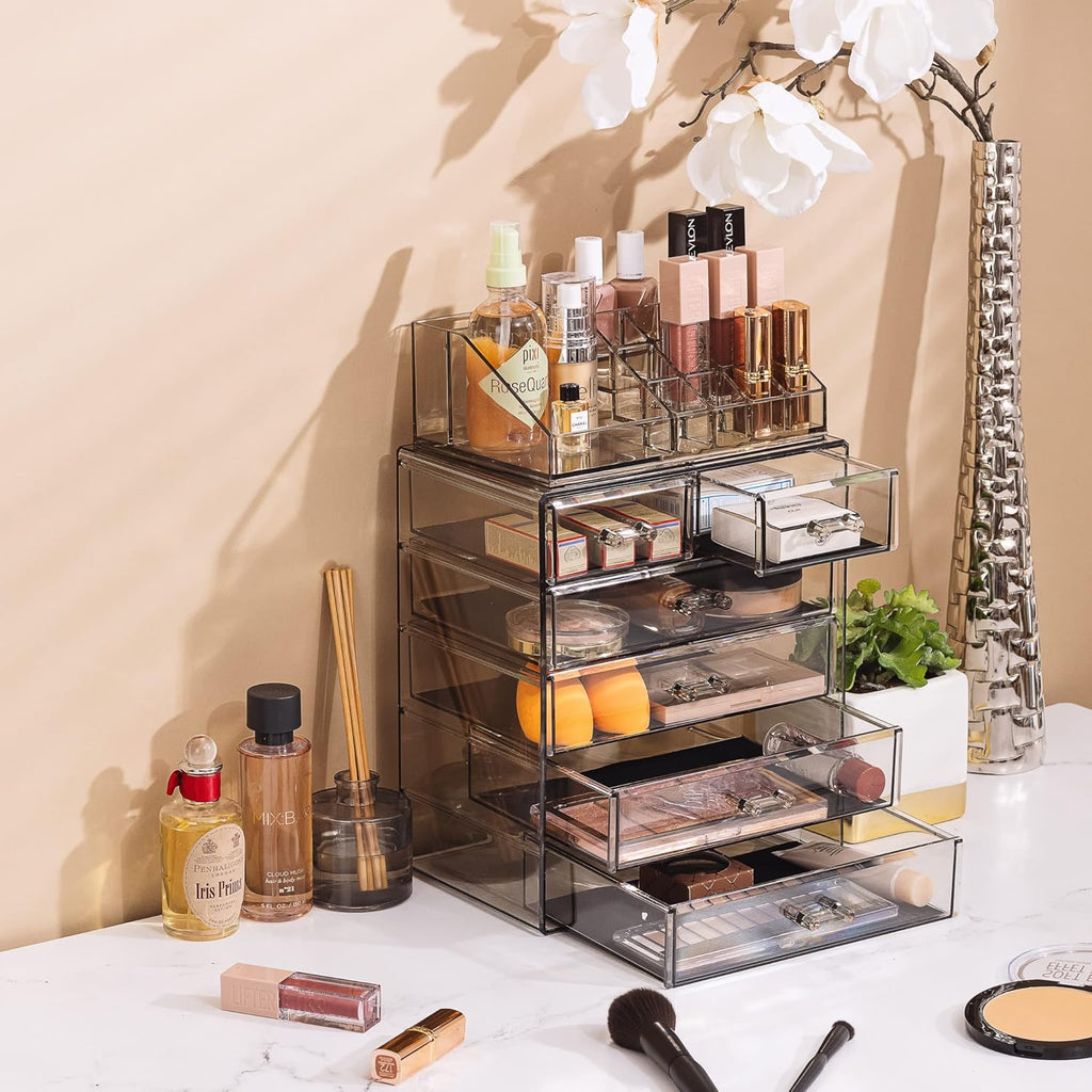 Acrylic Makeup Organizer Set, 6-Drawer Vanity & Countertop Cosmetic Storage with Small & Wide Compartments, Black-Tint Makeup Storage for Brushes, Jewelry – Holiday Gift for Women & Teens