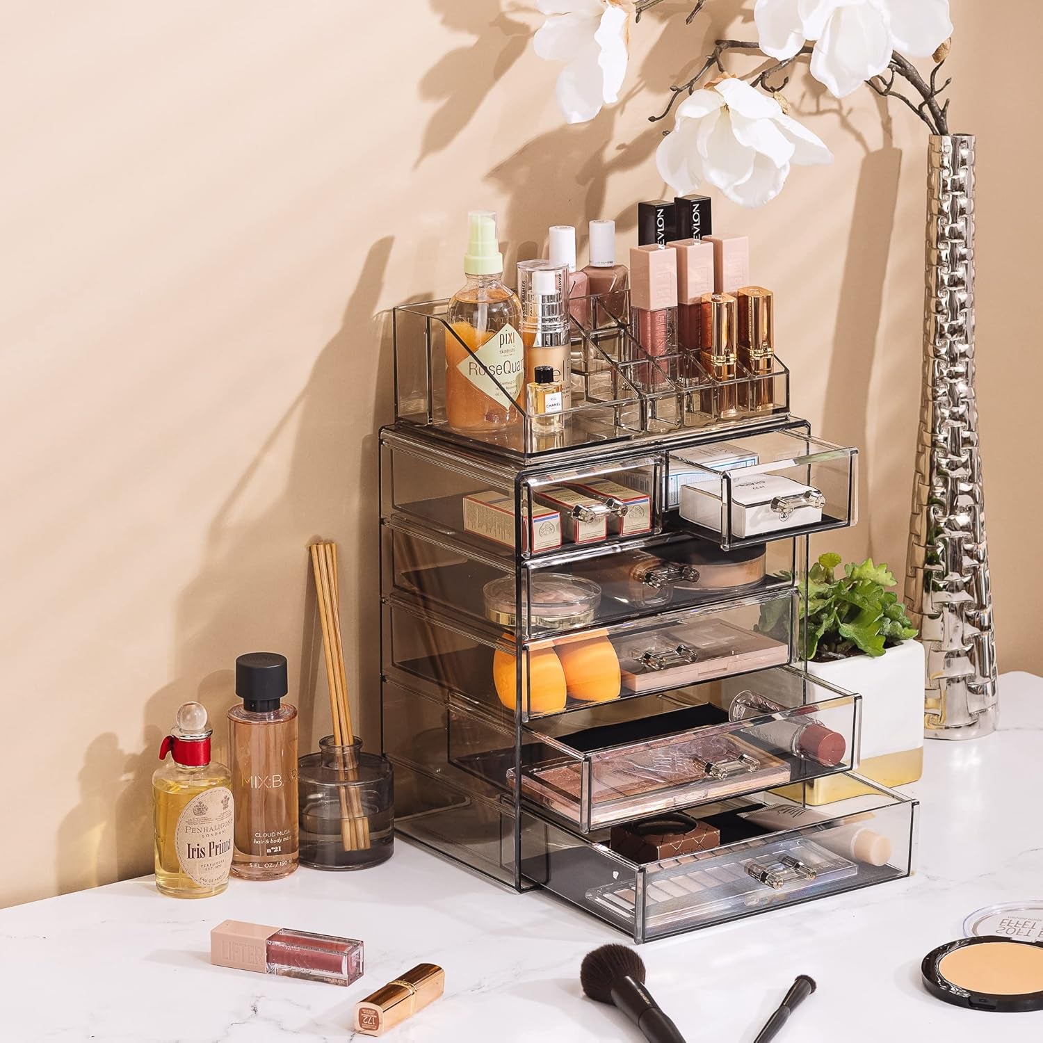Acrylic Makeup Organizer Set, 6-Drawer Vanity & Countertop Cosmetic Storage with Small & Wide Compartments, Black-Tint Makeup Storage for Brushes, Jewelry – Holiday Gift for Women & Teens