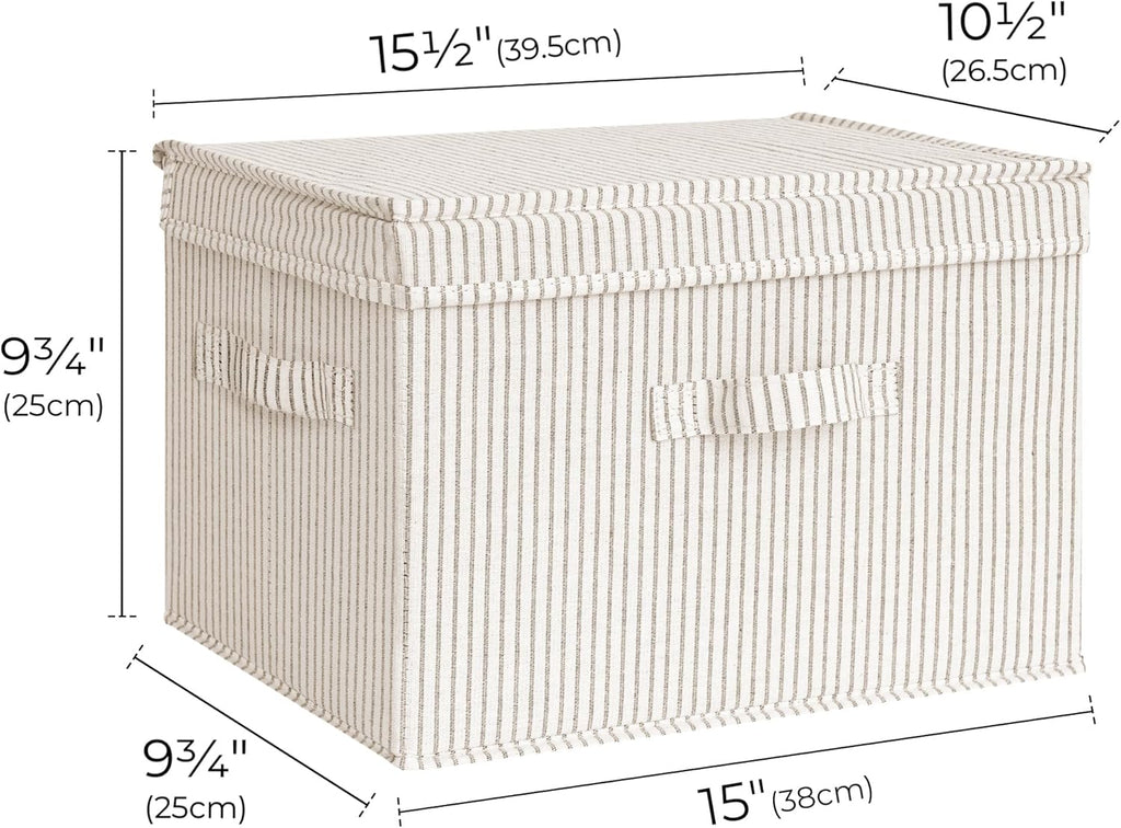 Fabric Storage Bins with Lid, Decorative Storage Boxes for Shelves, Stackable Closet Organizer Basket with Handles, Large, Khaki and Beige Stripes, 2-Pack