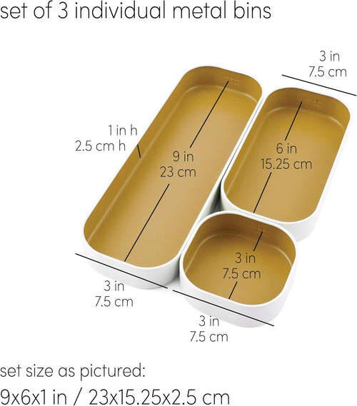 3 Piece Shallow Metal Organizer Tray Set for Storing Makeup, Stationery, Utensils, and More in Office Desk, Kitchen and Bathroom Drawers (1 Inch, Gold and White)