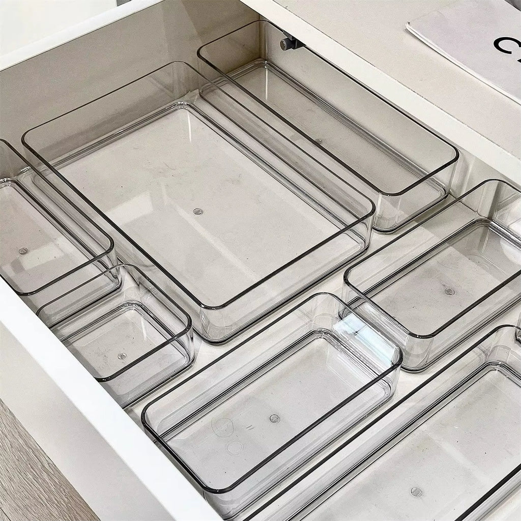 4PCS Desk Drawer Organizers Set Makeup Organizer Plastic Makeup Storage Clear Transparent Storage Box for Office Bathroom