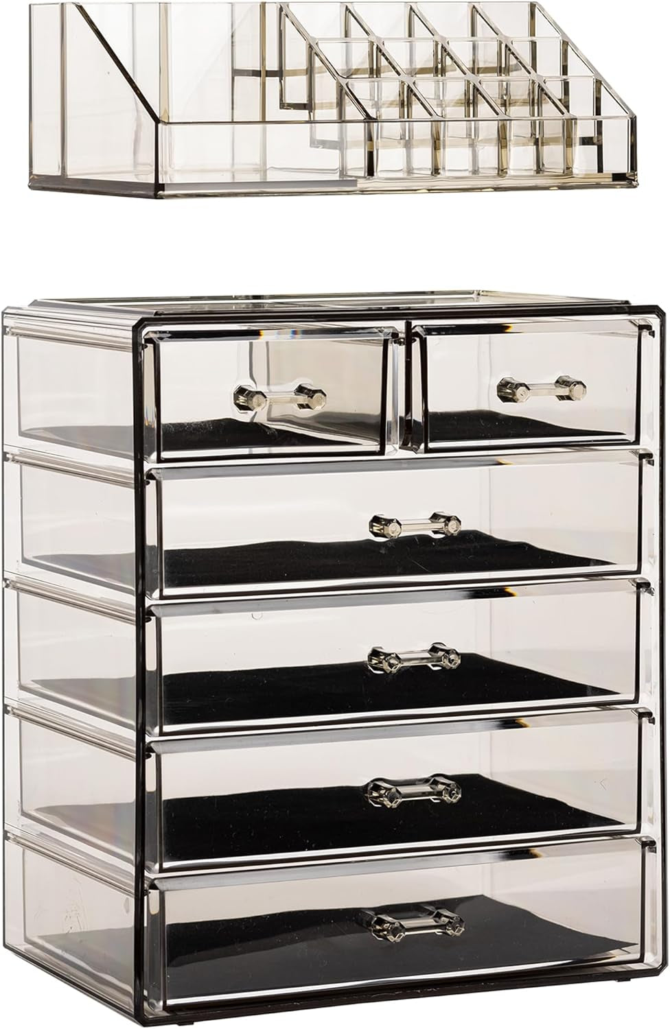 Acrylic Makeup Organizer Set, 6-Drawer Vanity & Countertop Cosmetic Storage with Small & Wide Compartments, Black-Tint Makeup Storage for Brushes, Jewelry – Holiday Gift for Women & Teens