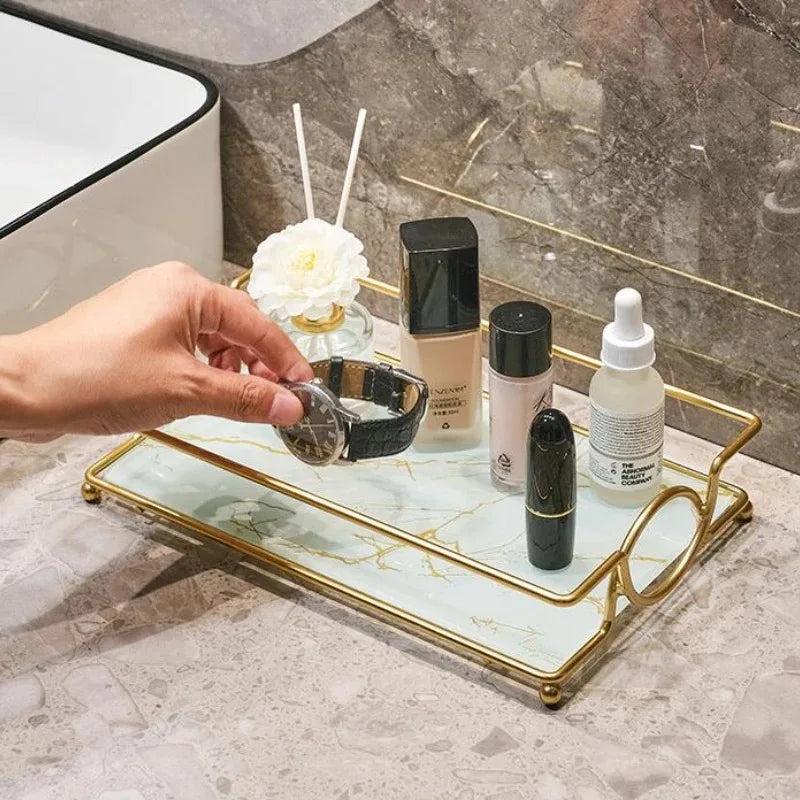 Luxury Gold Plated Rectangular Bathroom Tray Cosmetics Storage Rack Living Room Decor Desktop Sundries Food Storage Serving Tray
