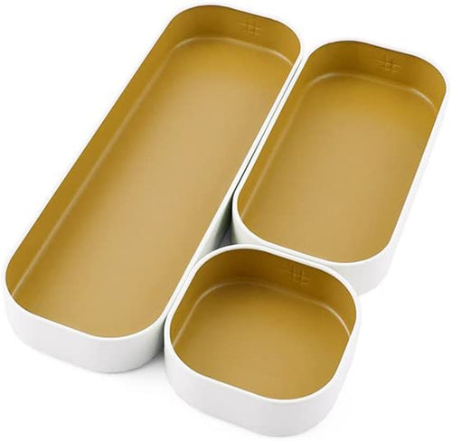3 Piece Shallow Metal Organizer Tray Set for Storing Makeup, Stationery, Utensils, and More in Office Desk, Kitchen and Bathroom Drawers (1 Inch, Gold and White)