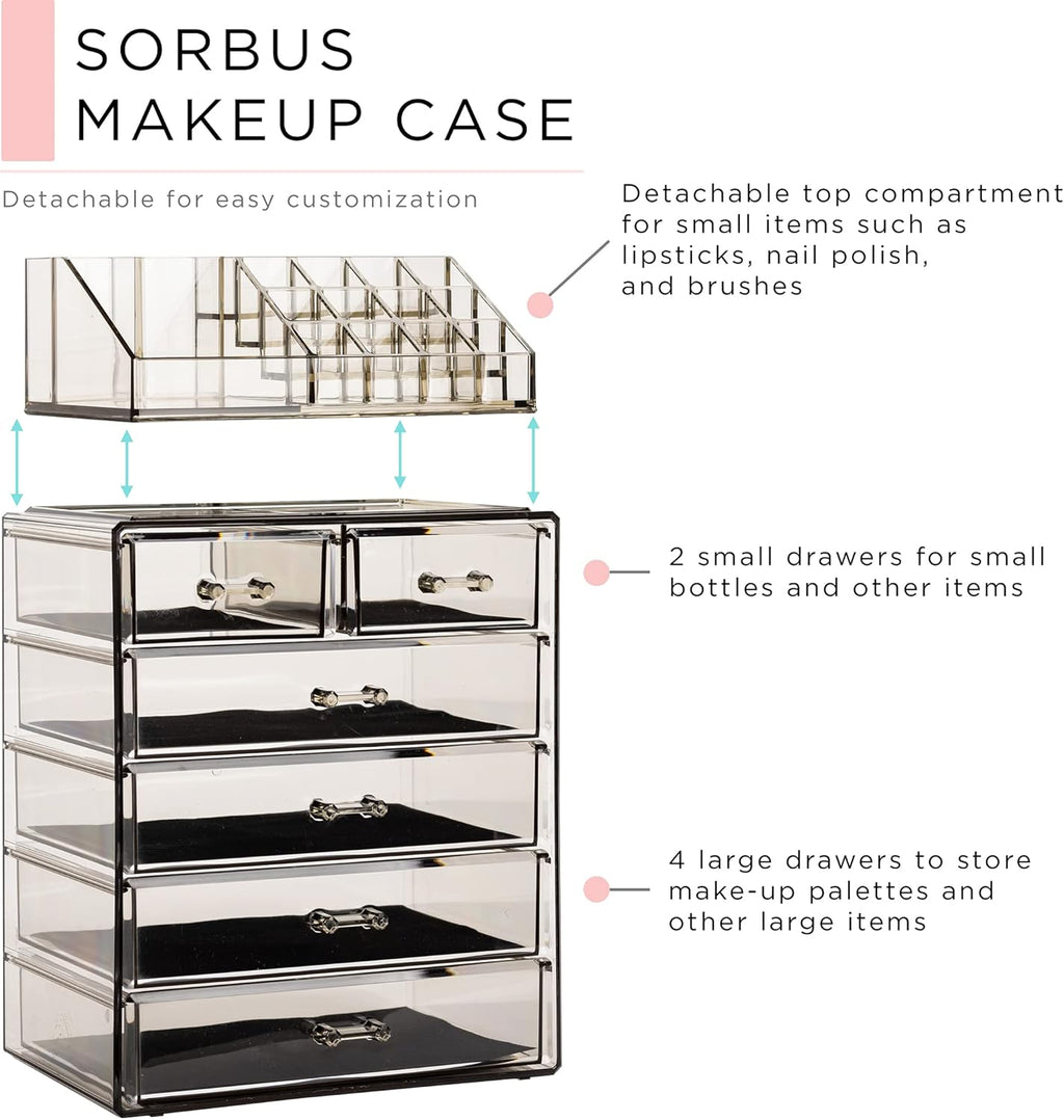 Acrylic Makeup Organizer Set, 6-Drawer Vanity & Countertop Cosmetic Storage with Small & Wide Compartments, Black-Tint Makeup Storage for Brushes, Jewelry – Holiday Gift for Women & Teens