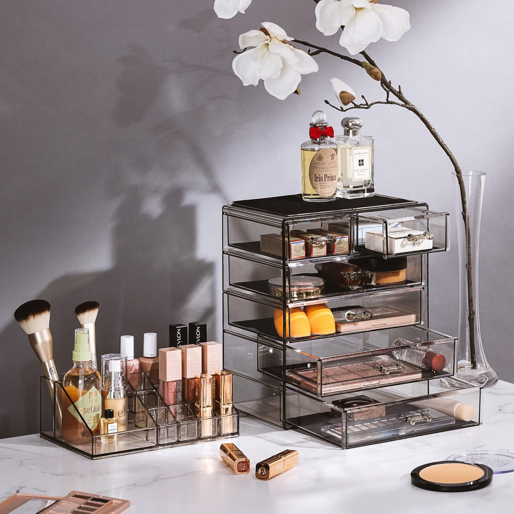 Acrylic Makeup Organizer Set, 6-Drawer Vanity & Countertop Cosmetic Storage with Small & Wide Compartments, Black-Tint Makeup Storage for Brushes, Jewelry – Holiday Gift for Women & Teens