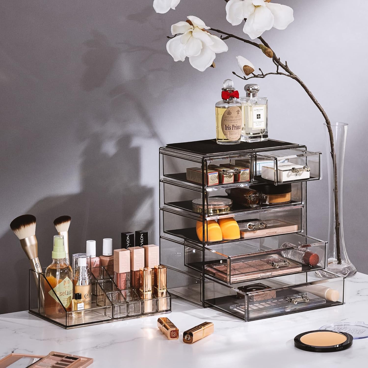 Acrylic Makeup Organizer Set, 6-Drawer Vanity & Countertop Cosmetic Storage with Small & Wide Compartments, Black-Tint Makeup Storage for Brushes, Jewelry – Holiday Gift for Women & Teens
