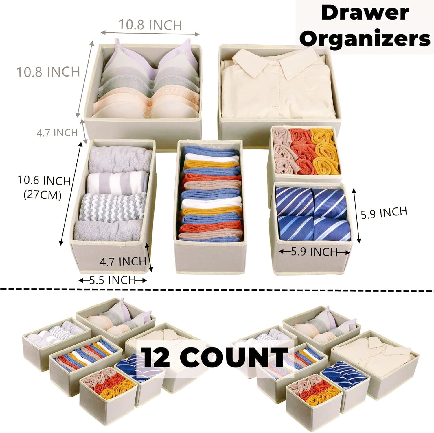 12 Pack Drawer Organizer Clothes, Foldable Fabric Dresser Organizer Closet Organizers and Storage Box for Underwear,Folded Clothes,Baby Clothing,Socks,Bra,Towels,Ties(12 Pack,Beige)