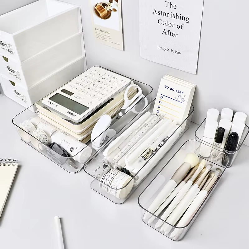 4PCS Desk Drawer Organizers Set Makeup Organizer Plastic Makeup Storage Clear Transparent Storage Box for Office Bathroom