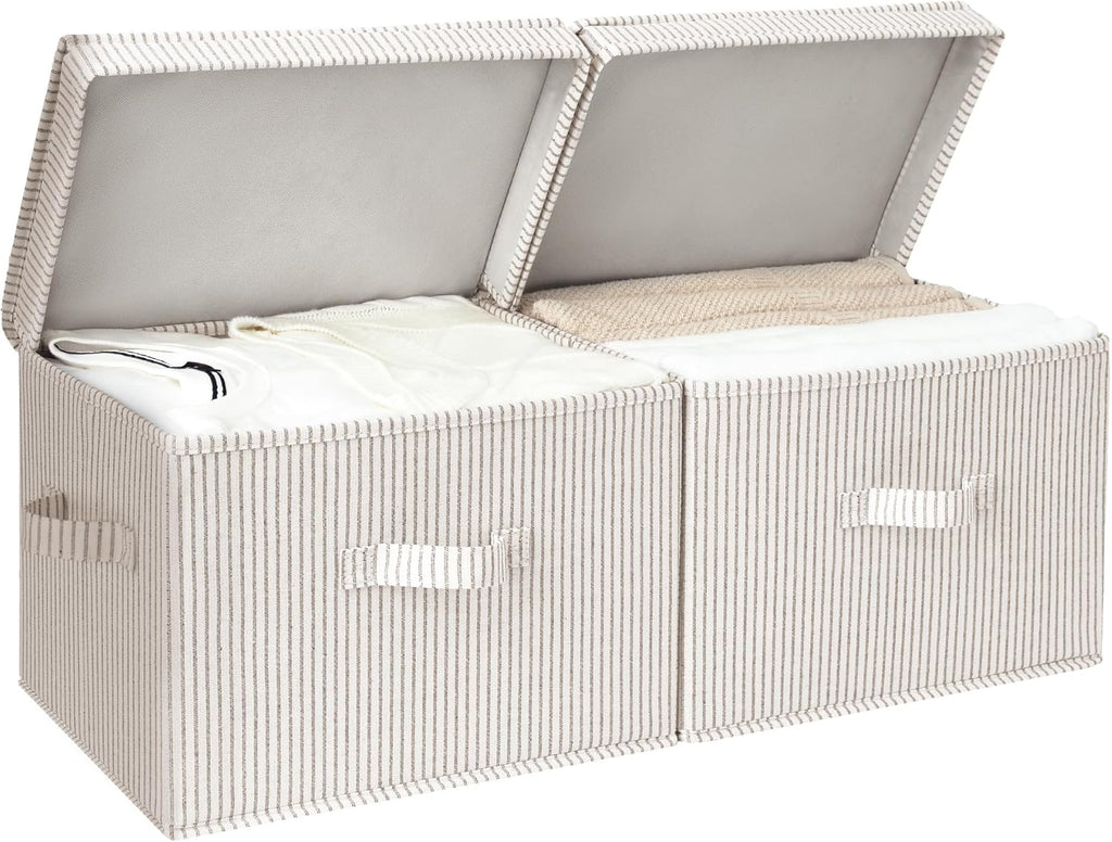 Fabric Storage Bins with Lid, Decorative Storage Boxes for Shelves, Stackable Closet Organizer Basket with Handles, Large, Khaki and Beige Stripes, 2-Pack