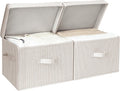 Fabric Storage Bins with Lid, Decorative Storage Boxes for Shelves, Stackable Closet Organizer Basket with Handles, Large, Khaki and Beige Stripes, 2-Pack