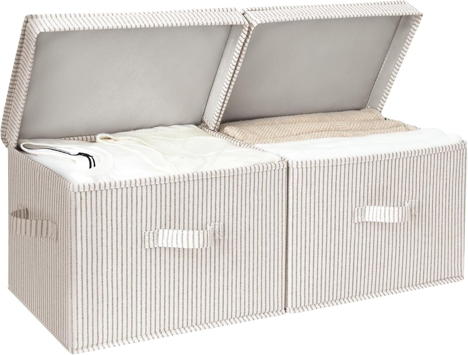 Fabric Storage Bins with Lid, Decorative Storage Boxes for Shelves, Stackable Closet Organizer Basket with Handles, Large, Khaki and Beige Stripes, 2-Pack