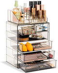 Acrylic Makeup Organizer Set, 6-Drawer Vanity & Countertop Cosmetic Storage with Small & Wide Compartments, Black-Tint Makeup Storage for Brushes, Jewelry – Holiday Gift for Women & Teens
