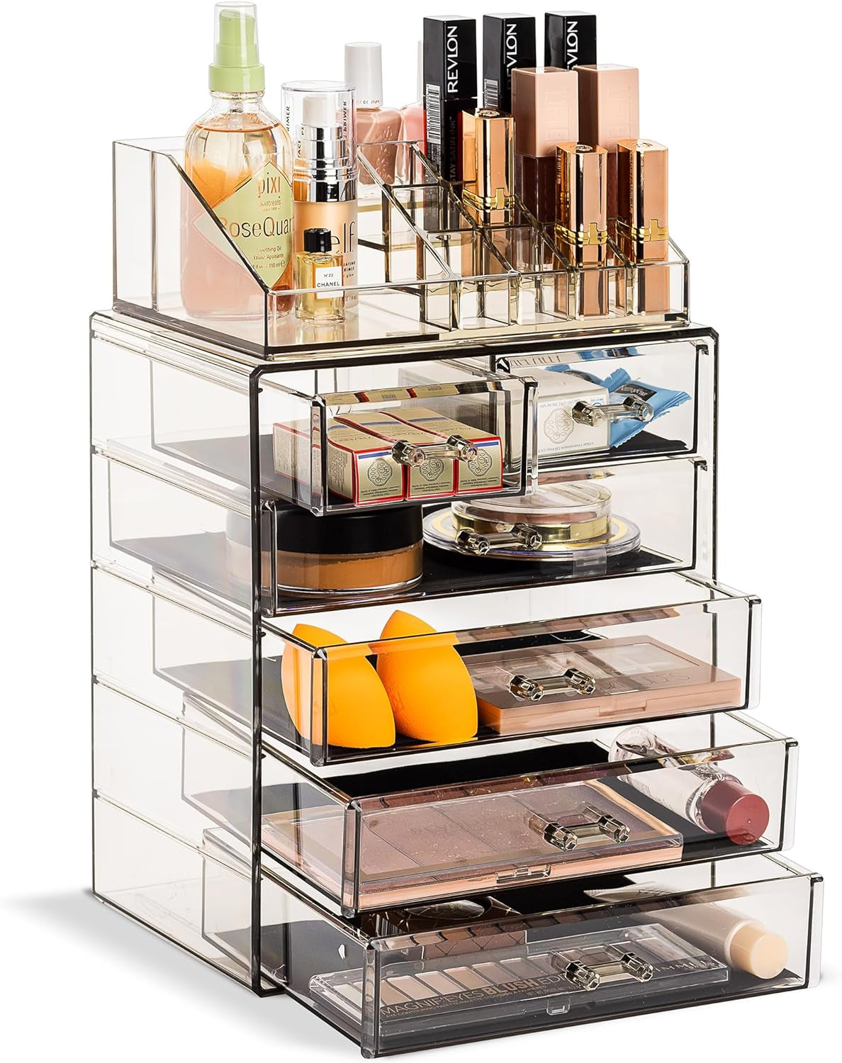 Acrylic Makeup Organizer Set, 6-Drawer Vanity & Countertop Cosmetic Storage with Small & Wide Compartments, Black-Tint Makeup Storage for Brushes, Jewelry – Holiday Gift for Women & Teens