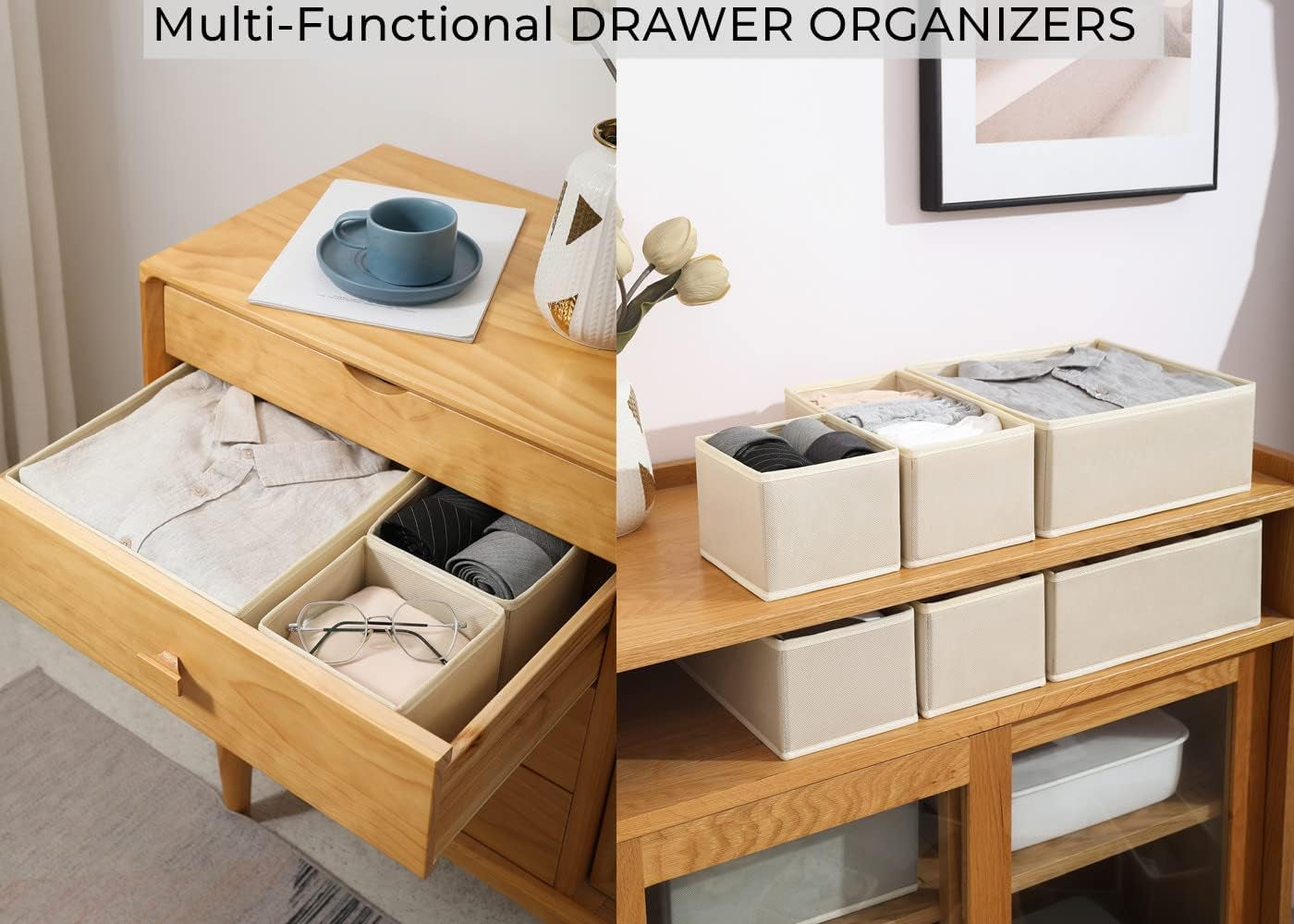 12 Pack Drawer Organizer Clothes, Foldable Fabric Dresser Organizer Closet Organizers and Storage Box for Underwear,Folded Clothes,Baby Clothing,Socks,Bra,Towels,Ties(12 Pack,Beige)