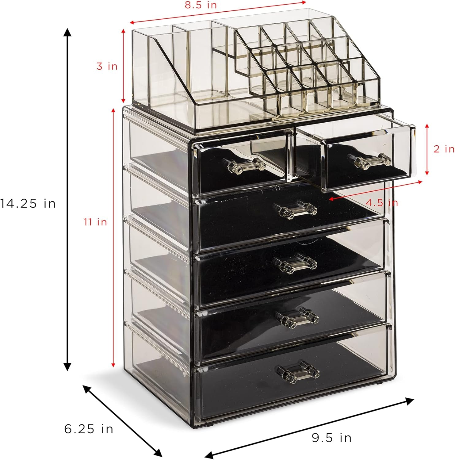 Acrylic Makeup Organizer Set, 6-Drawer Vanity & Countertop Cosmetic Storage with Small & Wide Compartments, Black-Tint Makeup Storage for Brushes, Jewelry – Holiday Gift for Women & Teens